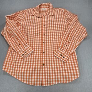 Magellan Outdoors Men’s Large Gingham Check Button Up Shirt Orange White Cotton